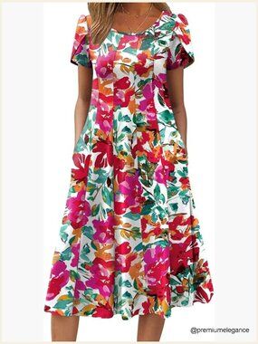 Short Sleeve Flare Midi Dress Loose Flowy Beach Sundress Casual Summer
